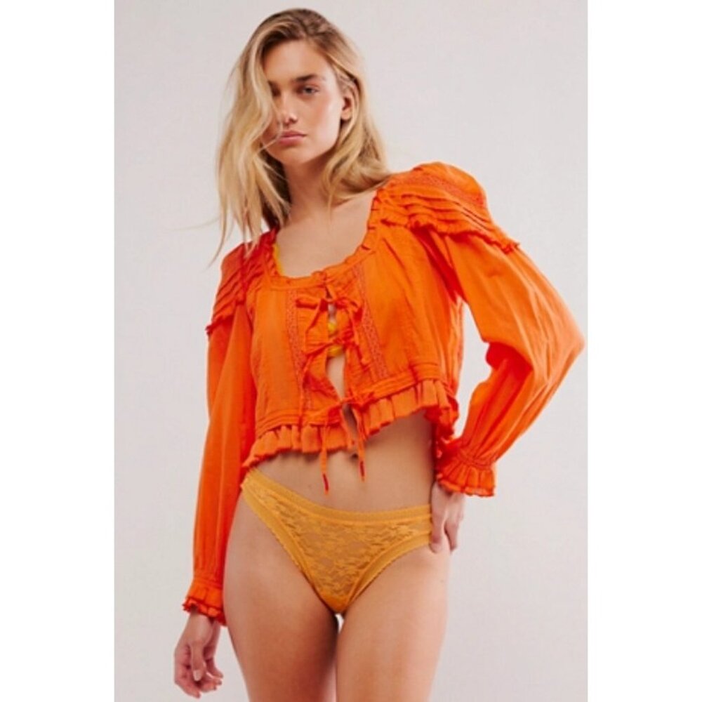 Free People Florence Intimately Orange Bed Tie Blouse Top Lace NWOT Size Small